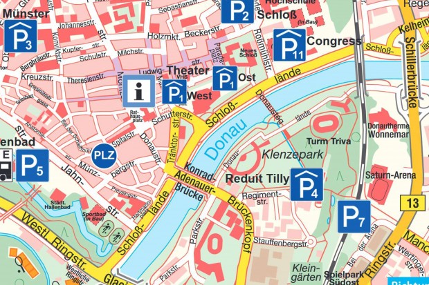 Die Grafik zeigt Parkmöglichkeiten in Nähe der Saturn Arena (in der Karte rechts mittig). Grafik: IFG