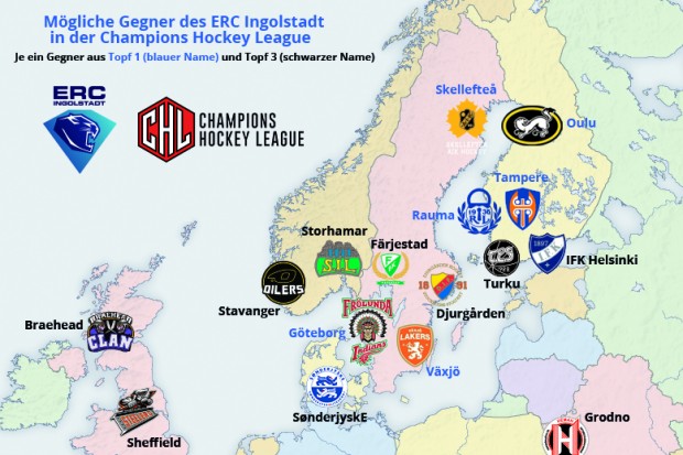 Two of the teams above will be facing ERC Ingolstadt in the new CHL-season. (Select the picture in order to see all teams - blue name stands for basket 1, black name for basket 3)