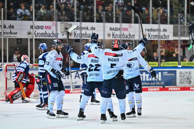 Die Panther bejubeln den 2:2-Ausgleichstreffer von Patrik Virta.
Foto: Citypress.