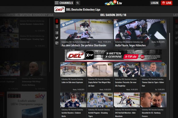 Der DEL-Kanal von laola1.tv hat ein umfangreiches Angebot zum individuellen Abruf. Foto: Screenshot
