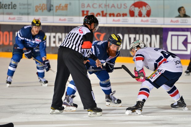 Bully zwischen Thomas Pielmeier (Nr.50, ERC Ingolstadt) und Darin Olver (Nr.40, Eisbaeren Berlin) // Foto: ST-Foto.de / Johannes TRAUB  