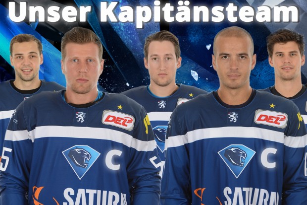 Im Vordergrund (von links): Die Kapitäne Patrick Köppchen und John Laliberte. Im Hintergrund die Assistenten Thomas Oppenheimer, Brandon Buck und Benedikt Kohl.