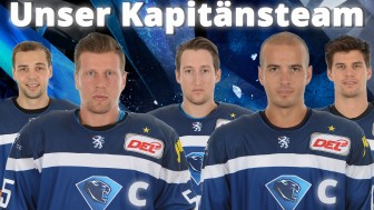 In front (from left to right): The captains Patrick Köppchen and John Laliberte. In the back the assistant captains Thomas Oppenheimer, Brandon Buck and Benedikt Kohl. In front (from left to right): The captains Patrick Köppchen and John Laliberte. In the back the assistant captains Thomas Oppenheimer, Brandon Buck and Benedikt Kohl.