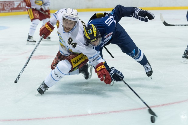 Voller Einsatz: Darryl Boyce (rechts) brachte den ERC Ingolstadt gegen Rob Schremps SCL Tigers zum Auftaktsieg im Vinschgau Cup. Foto: Markus Fischer / mfipics.de