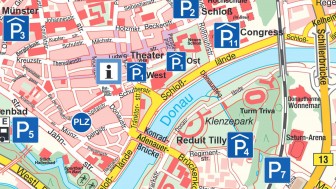 Die Grafik zeigt Parkmöglichkeiten in Nähe der Saturn Arena (in der Karte rechts mittig). Grafik: IFG Die Grafik zeigt Parkmöglichkeiten in Nähe der Saturn Arena (in der Karte rechts mittig). Grafik: IFG