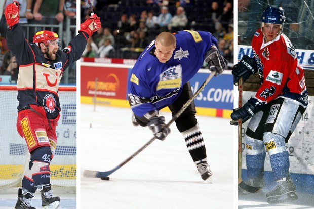 Beim Spiel der Allstars gegen die ERC-U20 sind planmäßig Jakub Ficenec (Mitte), Markus Welz (rechts) und Klaus Kathan zu sehen. Fotos: City Press