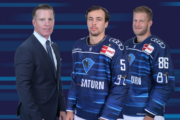 Co-Trainer Tim Regan, ERC-Kapitän Fabio Wagner und Daniel Pietta (v.l.n.r.) sind beim Deutschland-Cup dabei.