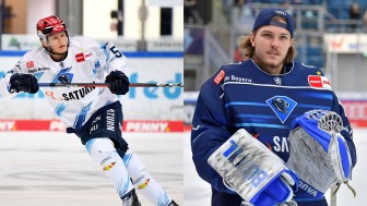 Marvin Feigl (li.) und Jonas Stettmer laufen in der kommenden Saison für Kooperationspartner Ravensburg in der DEL2 auf.