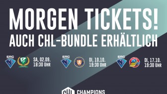Ab Mittwoch, 2. August, um 15 Uhr sind Tickets für unsere CHL-Heimspiele erhältlich. Ab Mittwoch, 2. August, um 15 Uhr sind Tickets für unsere CHL-Heimspiele erhältlich.