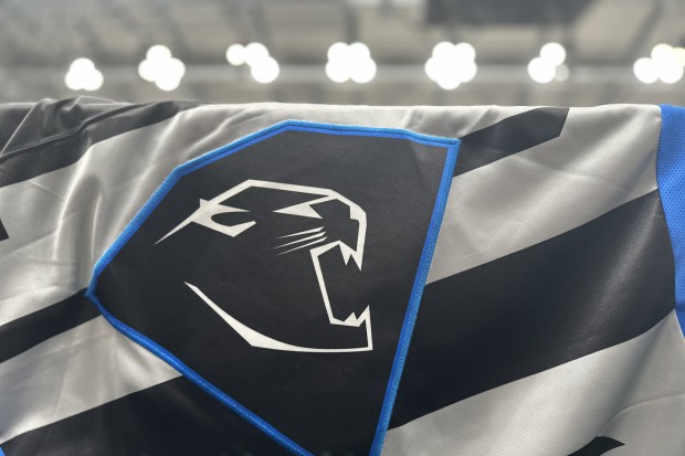 Der Pantherkopf auf dem Warmup-Trikot mit blauer Outline.